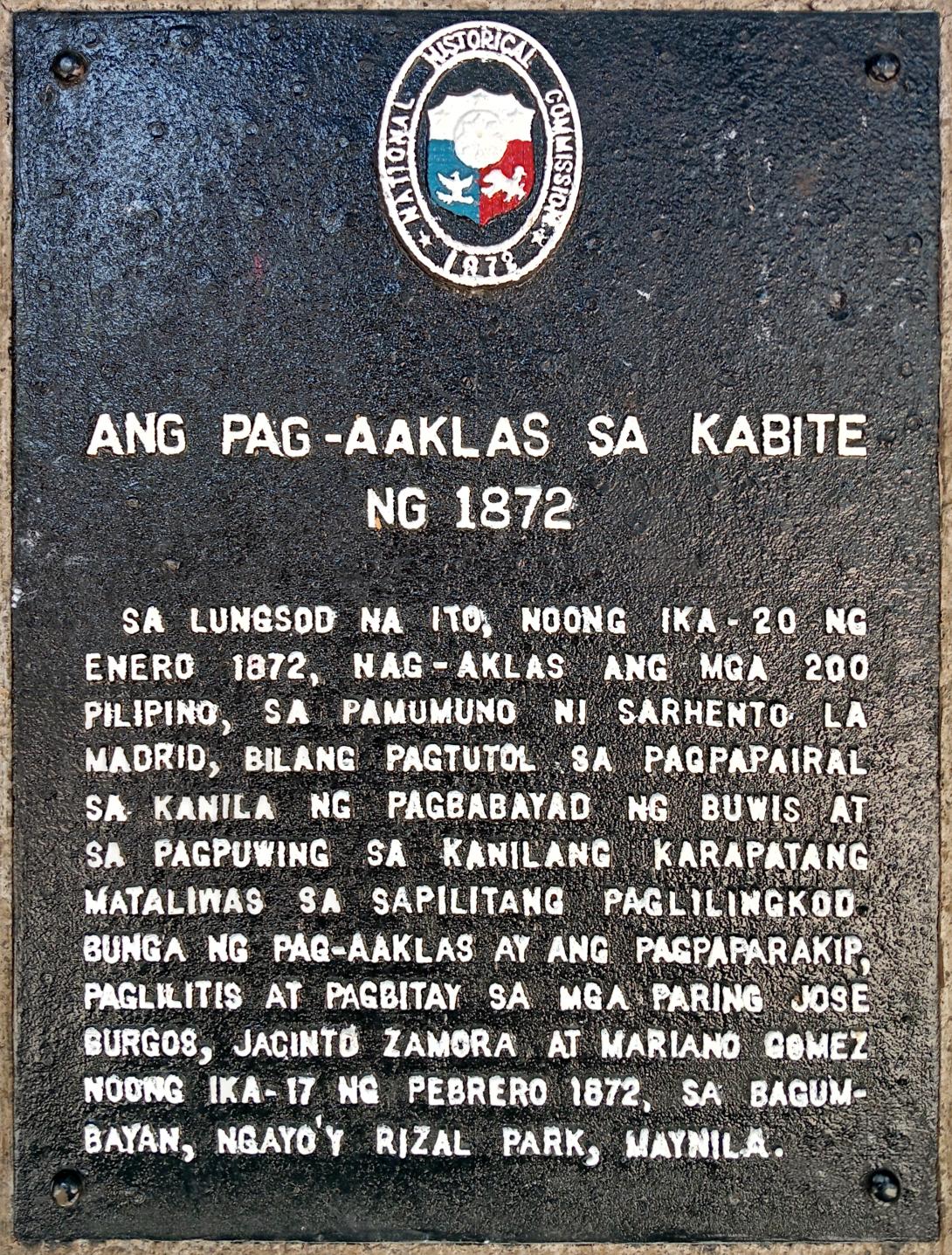 A historical marker installed in 1972 by the National Historical Commission at Samonte Park to commemorate the mutiny